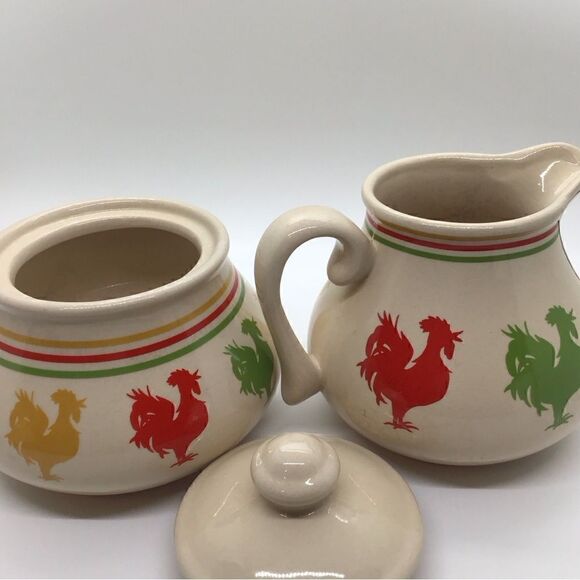 Vintage Kathy Hatch Rooster Sugar Bowl and Creamer - Picture 2 of 4